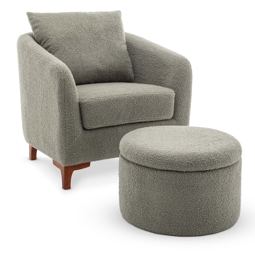 Teddy Boucle Fabric Sage Green Angela Accent Tub Chair with Ottoman