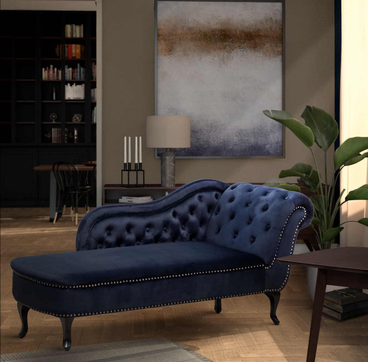 Velvet Navy Blue Left Hand Facing Monroe Chaise Lounge
