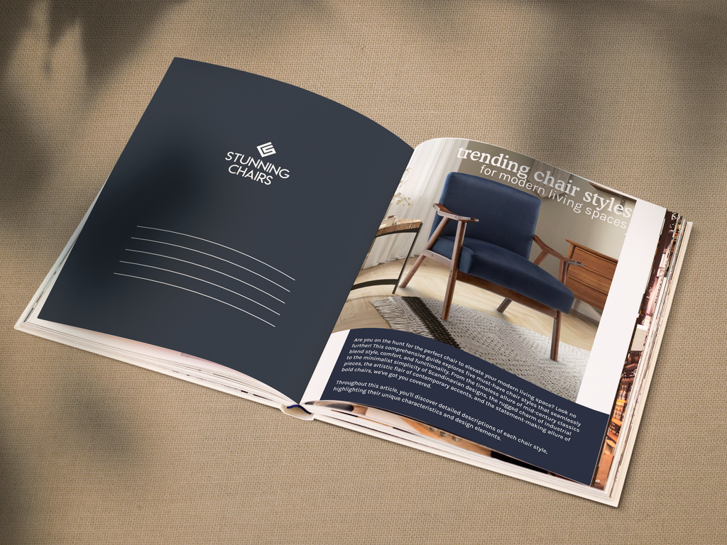 An open magazine with a velvet navy Selma chair from Stunning Chairs, on a beige background, covered by leaf shades, on the page next to it is a Stunning Chairs logo
