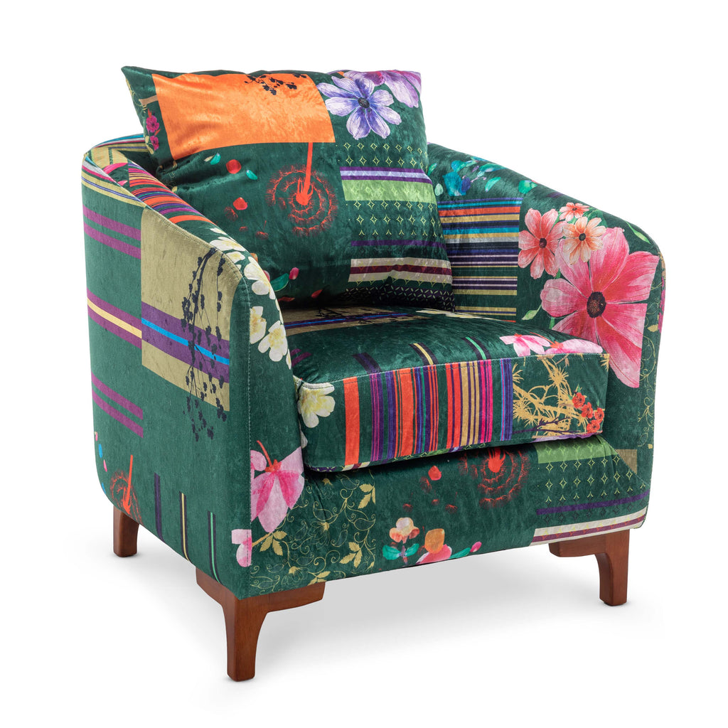 Fabric Green Patchwork Angela Accent Tub Chair with Ottoman