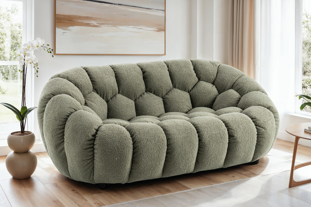 Teddy Boucle Fabric Sage Green Atrani 2 Seat Accent Chair