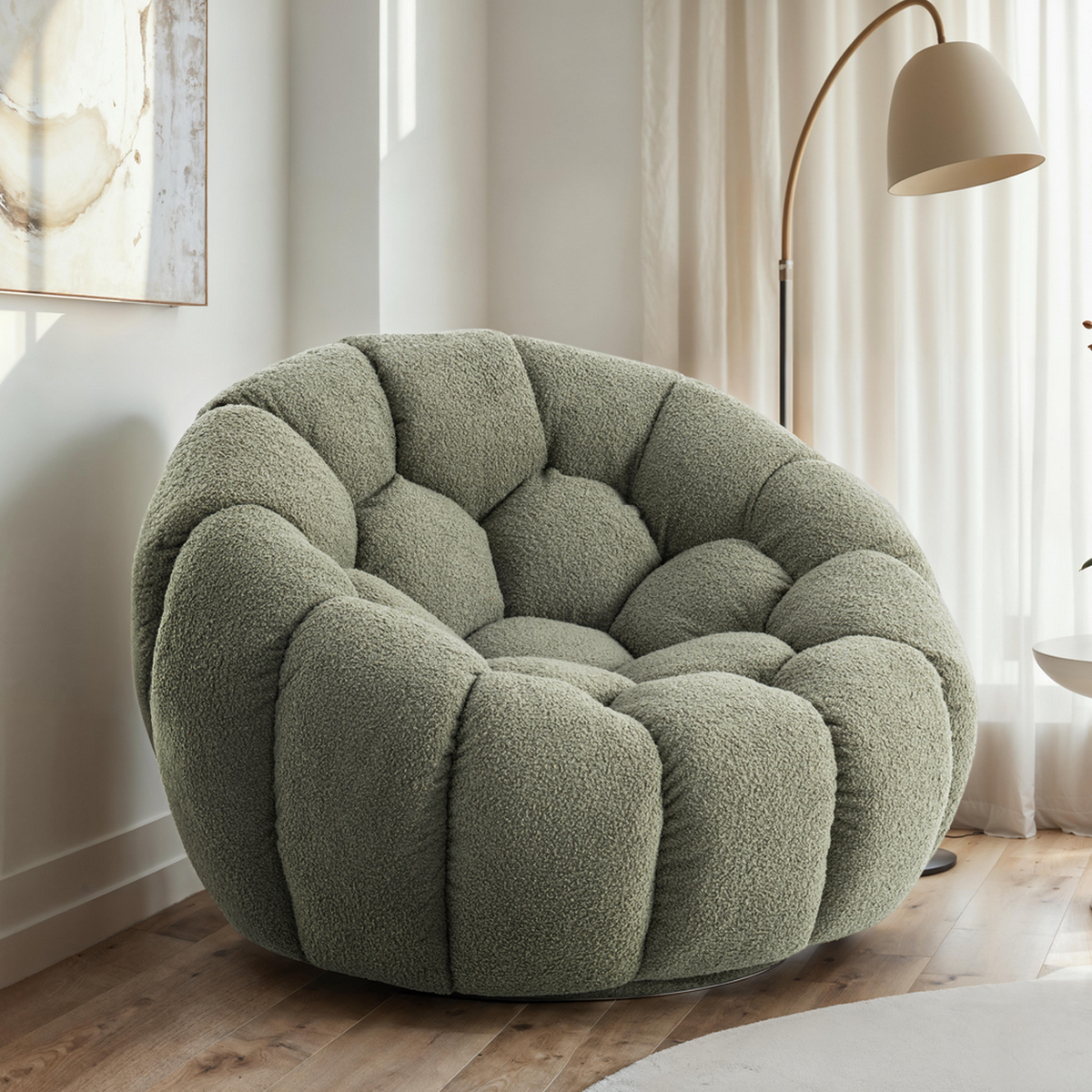 Teddy Boucle Fabric Sage Green Atrani Swivel Accent Chair – Stunning Chairs
