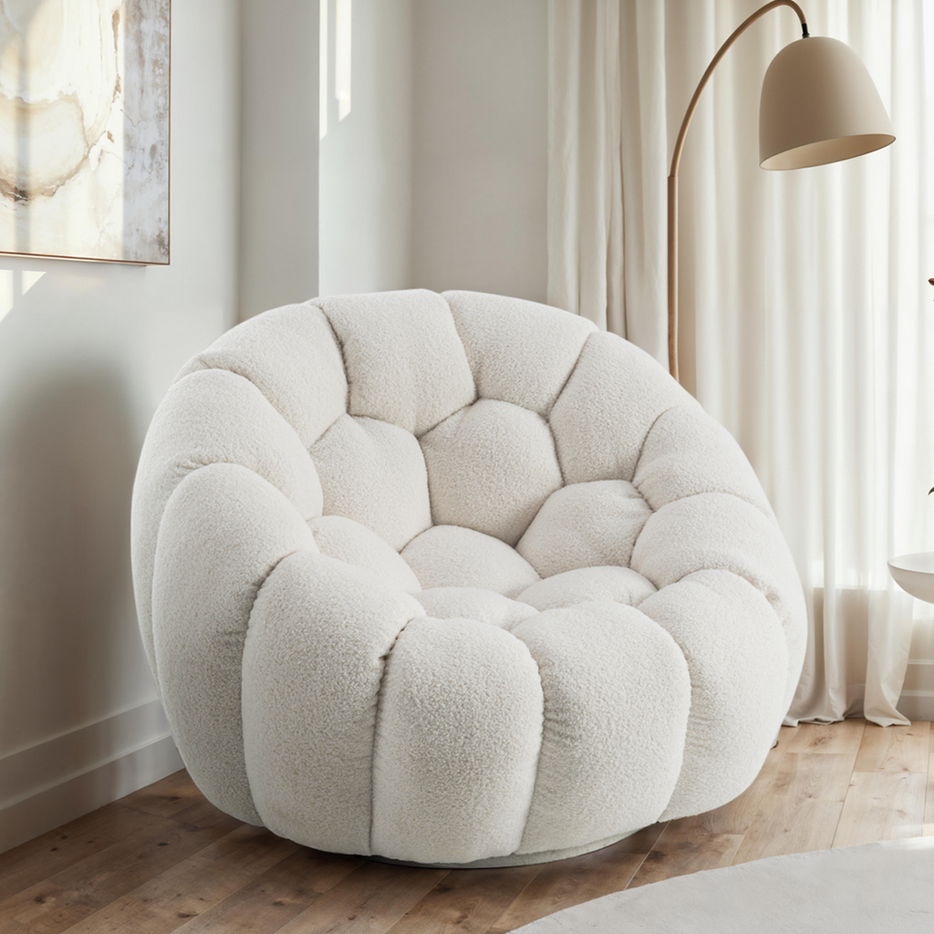 Teddy Boucle Fabric White Atrani Swivel Accent Chair