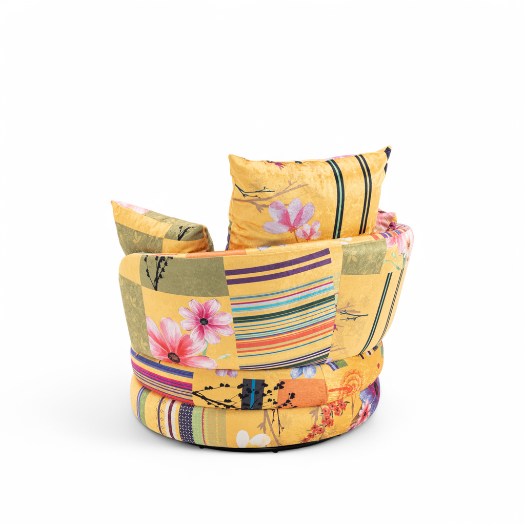 Fabric Gold Patchwork Teri Accent Swivel Chair Back Angle