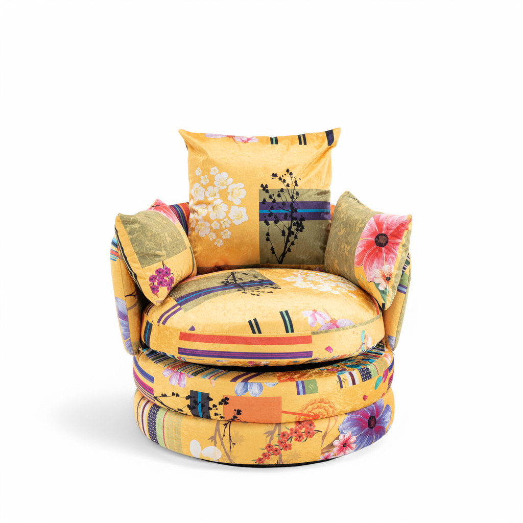 Fabric Gold Patchwork Teri Accent Swivel Chair Front