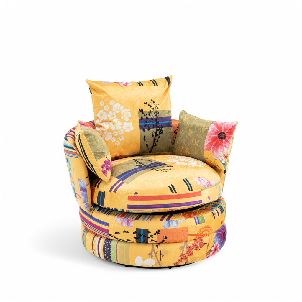 Fabric Gold Patchwork Teri Accent Swivel Chair Front Angle