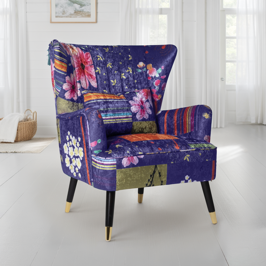 Fabric Purple Patchwork Victoria Accent Wingback Chair – Stunning