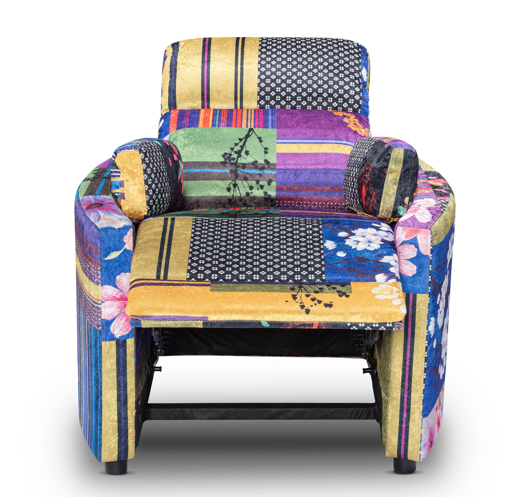 Multicoloured Fabric Patchwork Margot Manual Recliner Chair Front Reclined