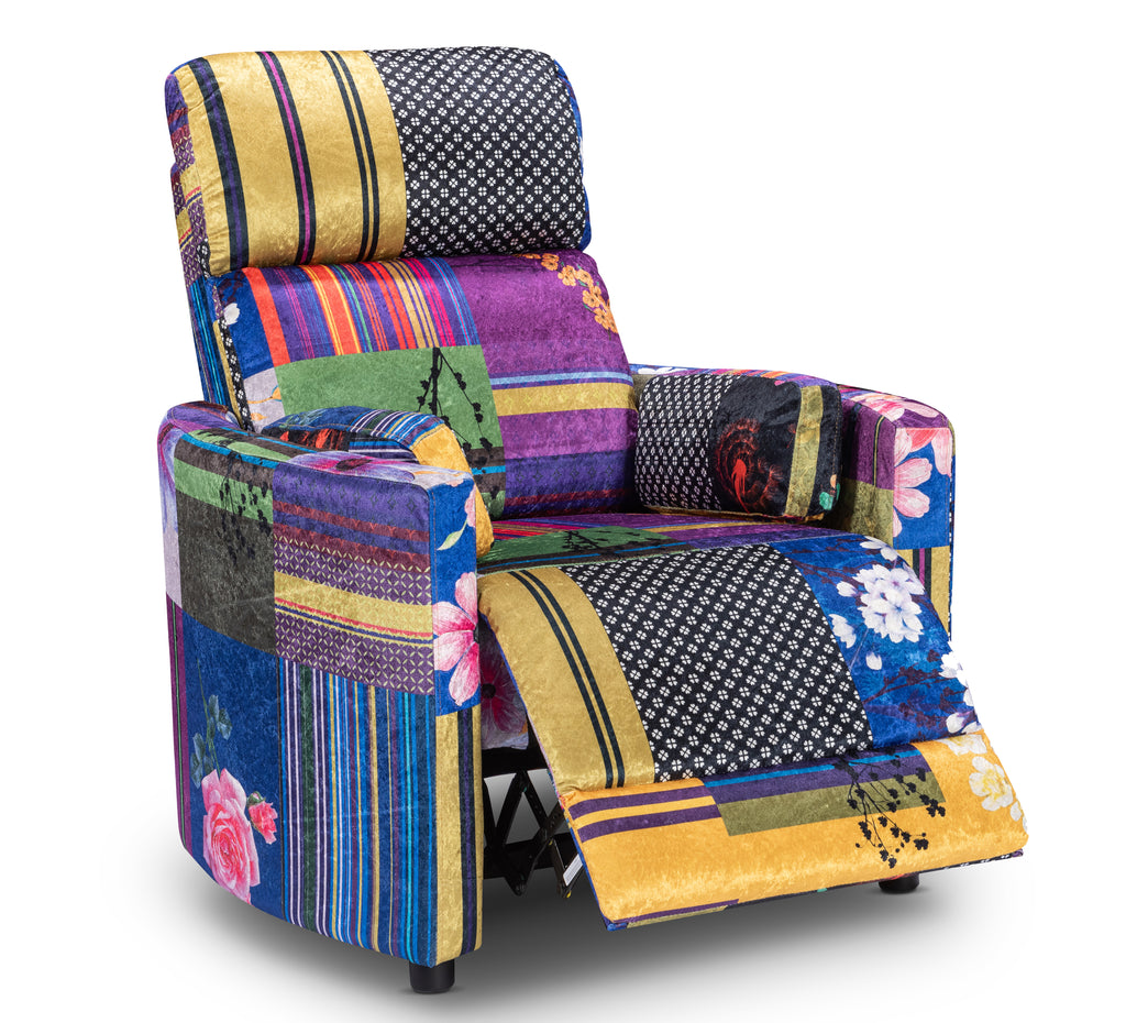 Multicoloured Fabric Patchwork Margot Manual Recliner Chair Front Angle Reclined