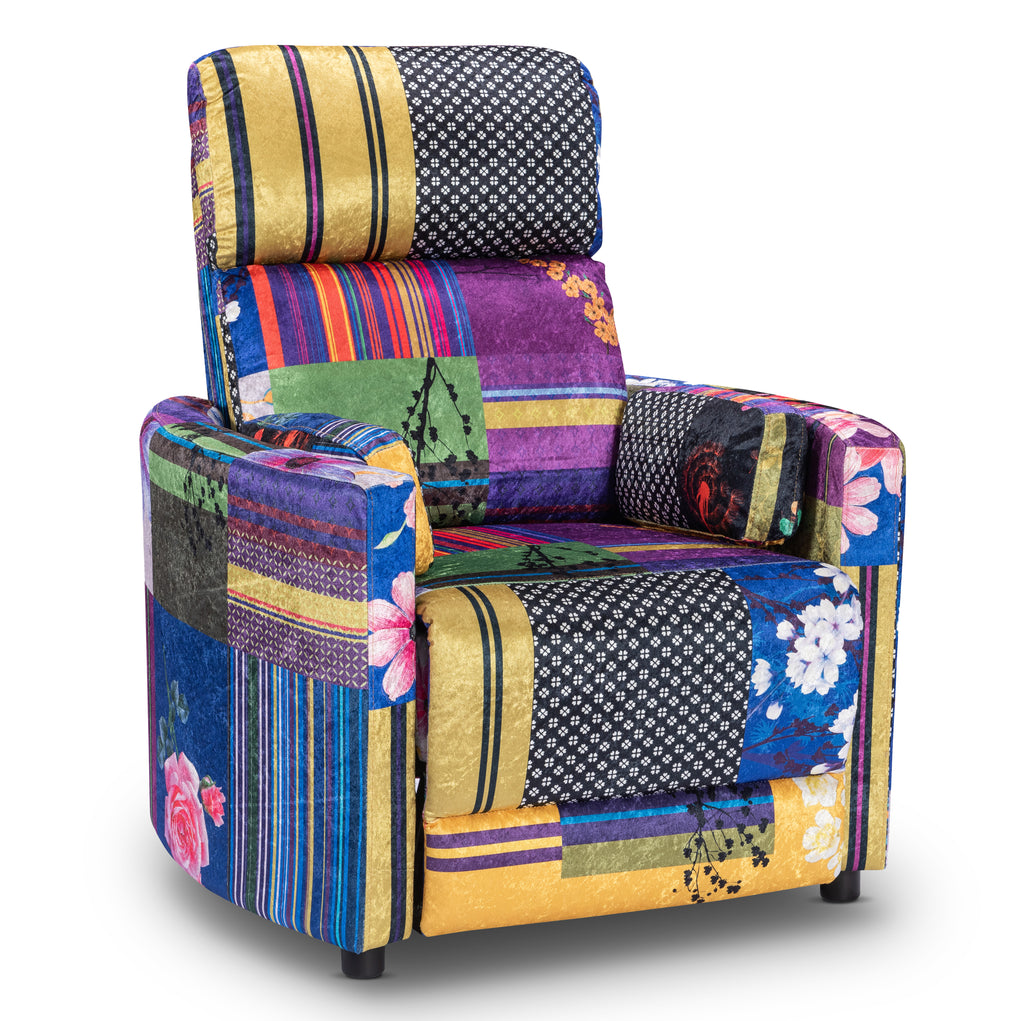 Multicoloured Fabric Patchwork Margot Manual Recliner Chair Front Angle