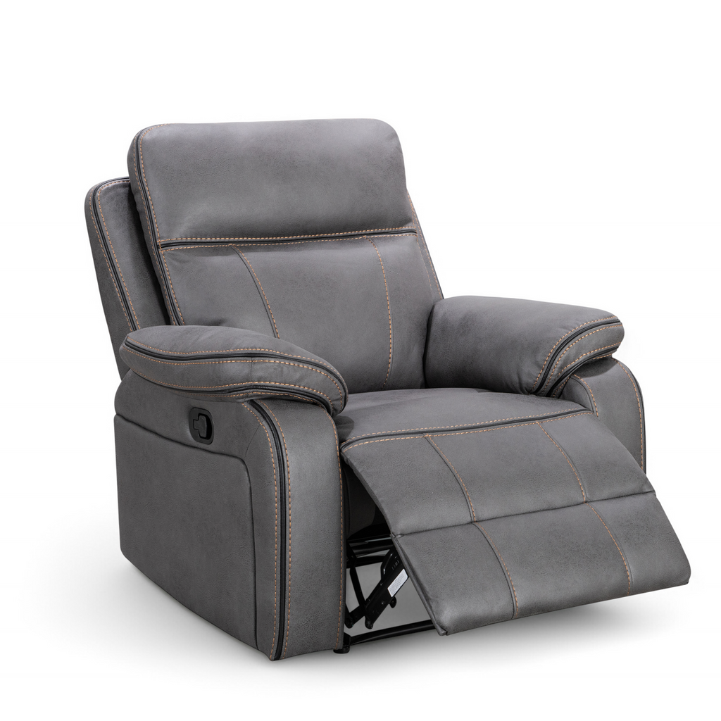 Faux Leather Grey Manual Recliner Chair with Contrast Stitching VEGAS Front Angle Reclined
