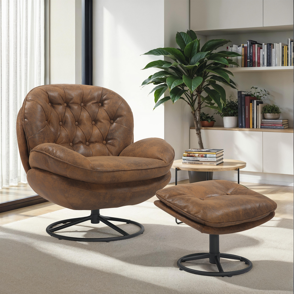 Faux Leather Suede Brown Azura Swivel Accent Chair with Footstool