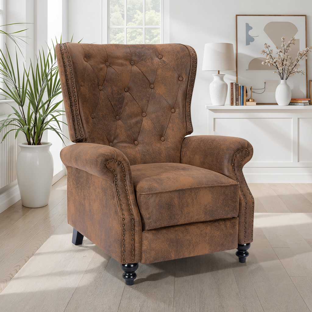 Faux Leather Suede Brown Buttoned Carmona Wingback Recliner Chair Closeup