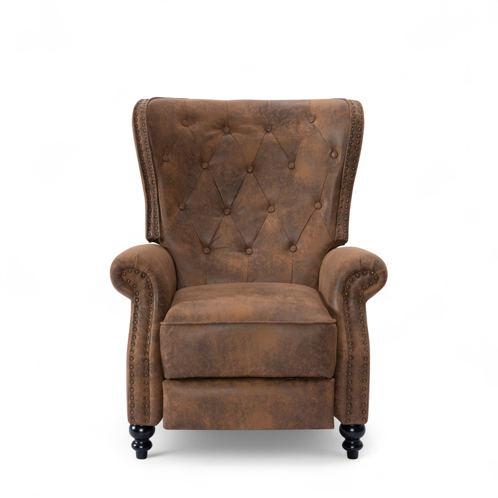 Faux Leather Suede Brown Buttoned Carmona Wingback Recliner Chair Front