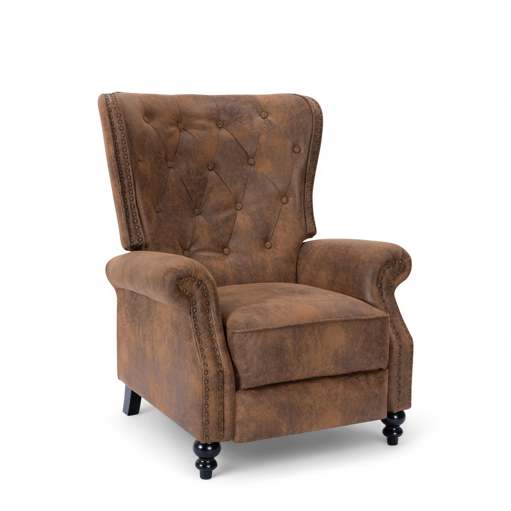 Faux Leather Suede Brown Buttoned Carmona Wingback Recliner Chair Front Angle