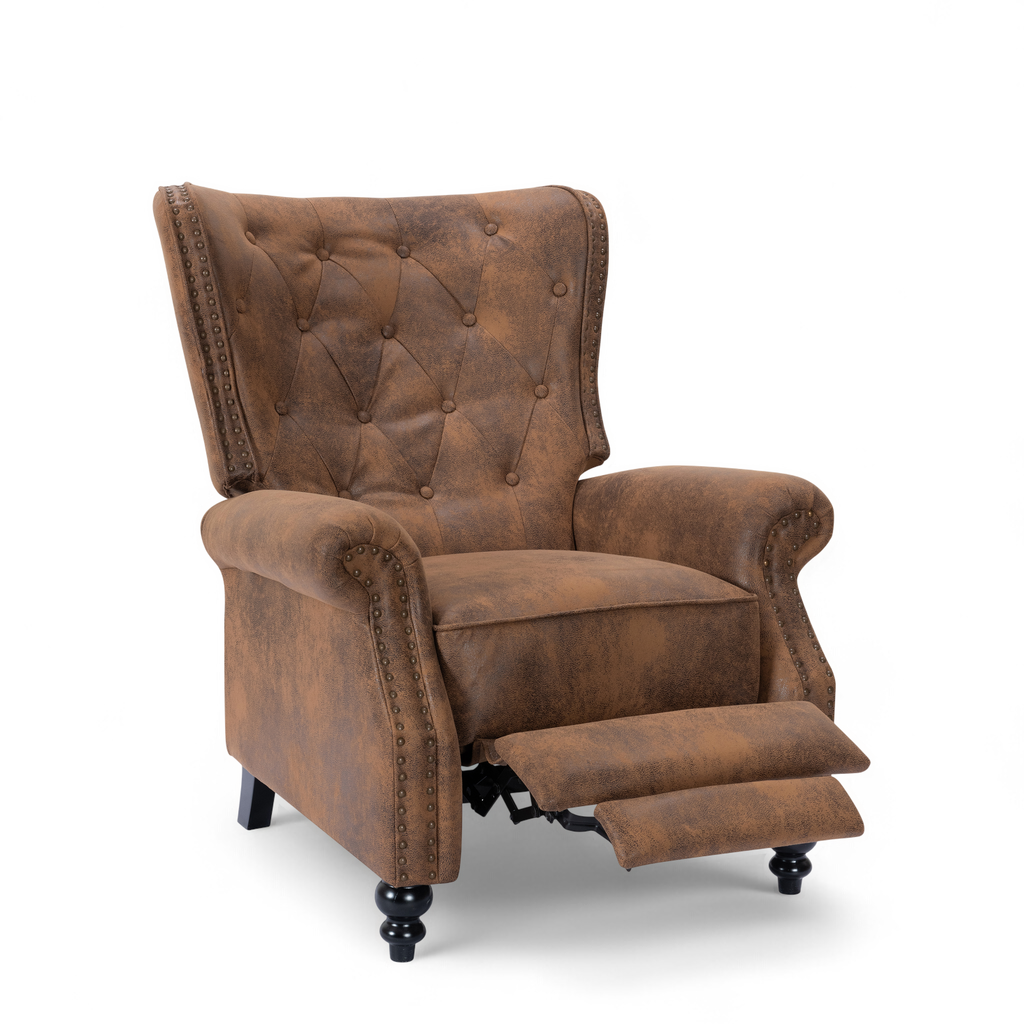 Faux Leather Suede Brown Buttoned Carmona Wingback Recliner Chair Reclined Front Angle
