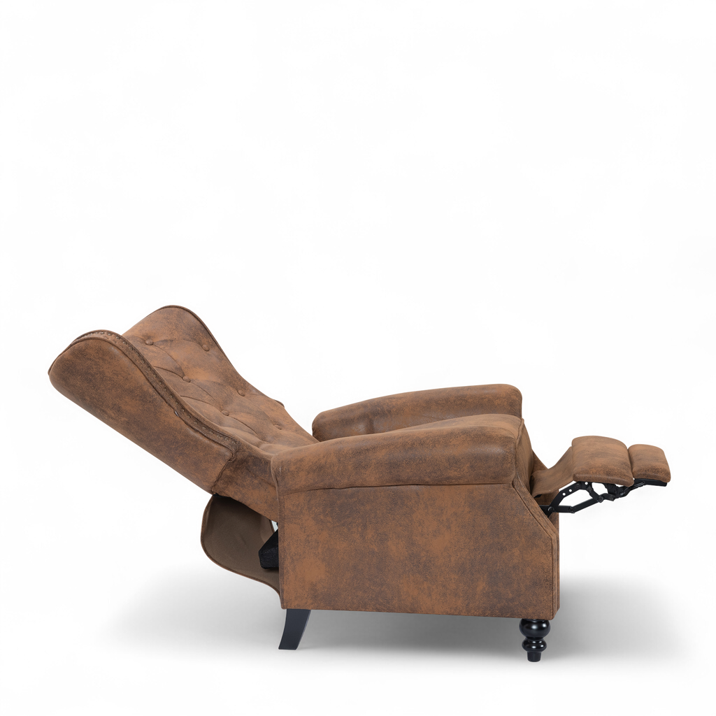 Faux Leather Suede Brown Buttoned Carmona Wingback Recliner Chair Fully Reclined Side