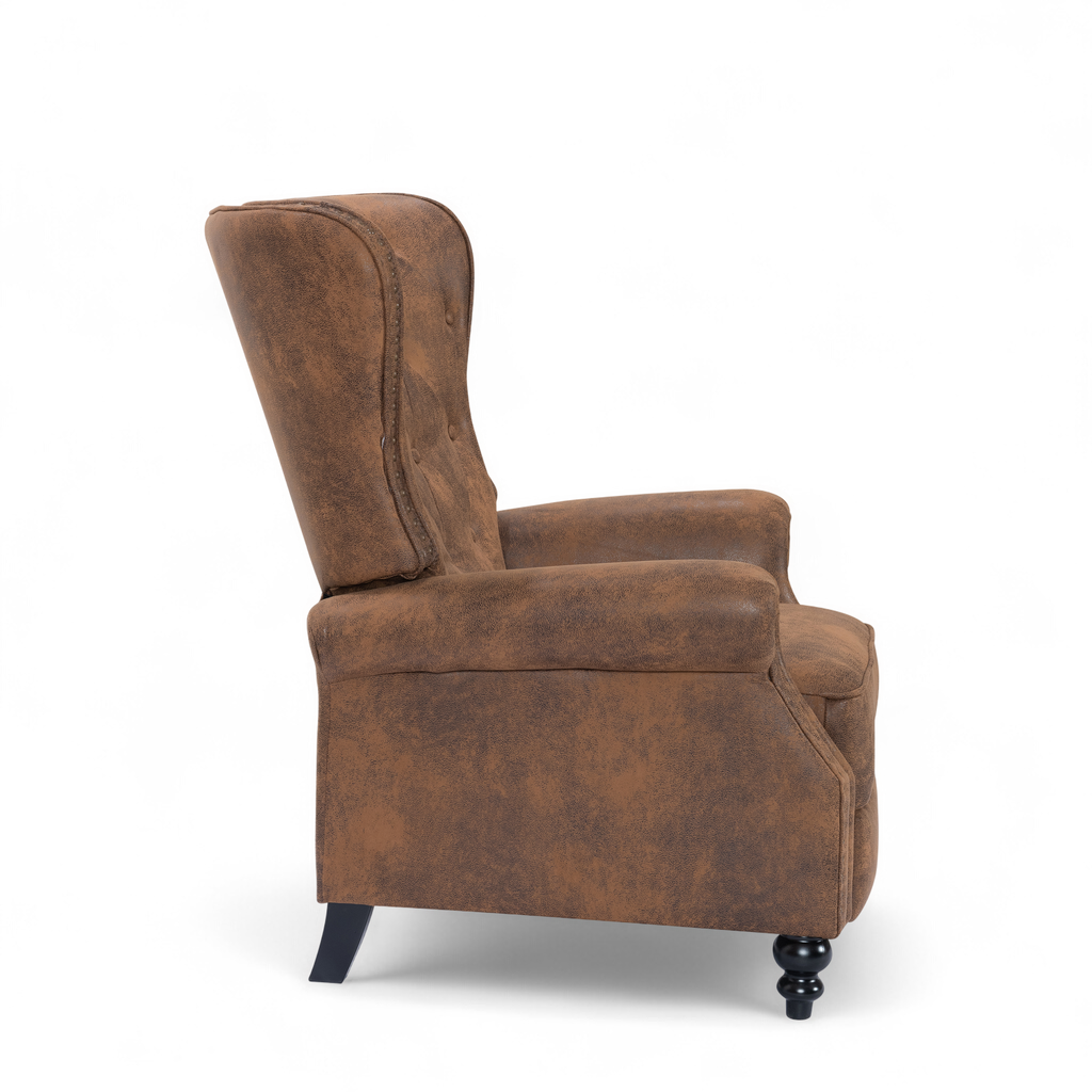 Faux Leather Suede Brown Buttoned Carmona Wingback Recliner Chair Side