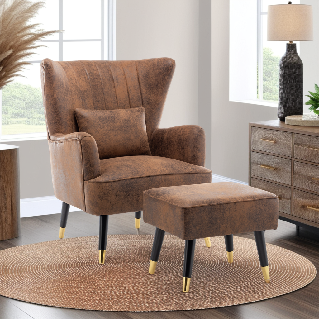 Leather High Back Armchair With Footstool Chesterfield Wing Chair