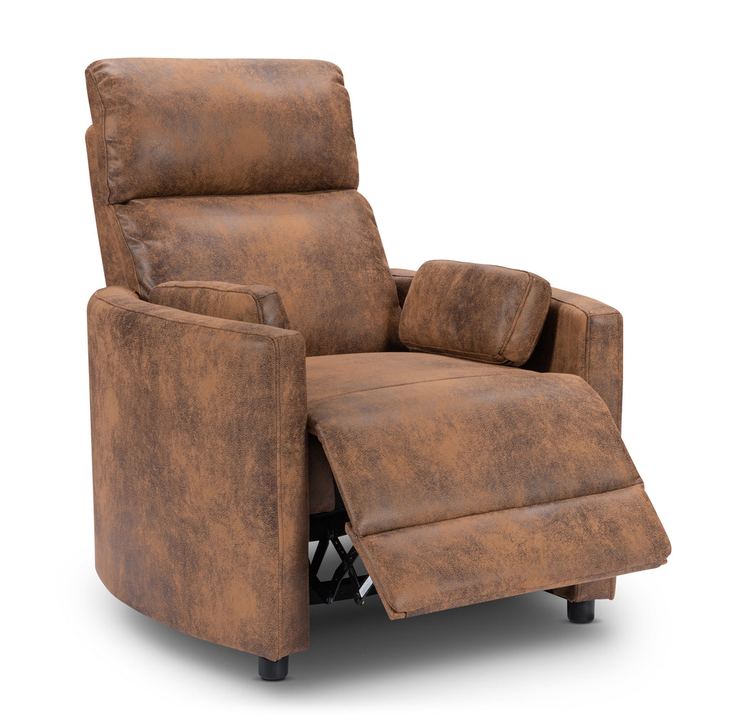 Faux Leather Suede Brown Margot Manual Recliner Chair Front Angle Reclined