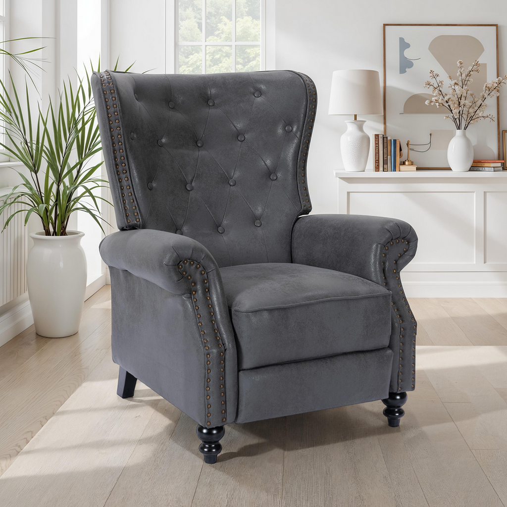 Faux Leather Suede Grey Buttoned Carmona Wingback Recliner Chair Background