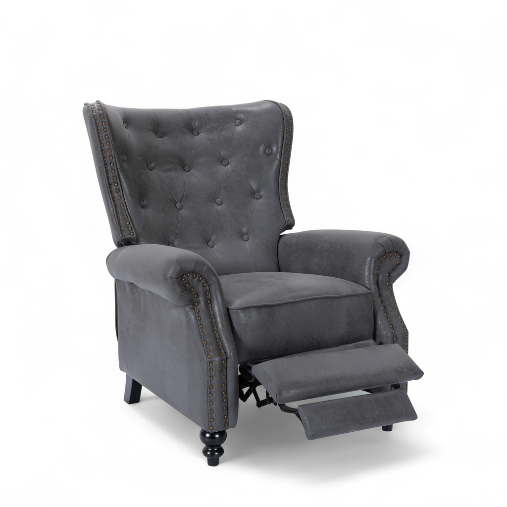 Faux Leather Suede Grey Buttoned Carmona Wingback Recliner Chair Reclined Front Angle