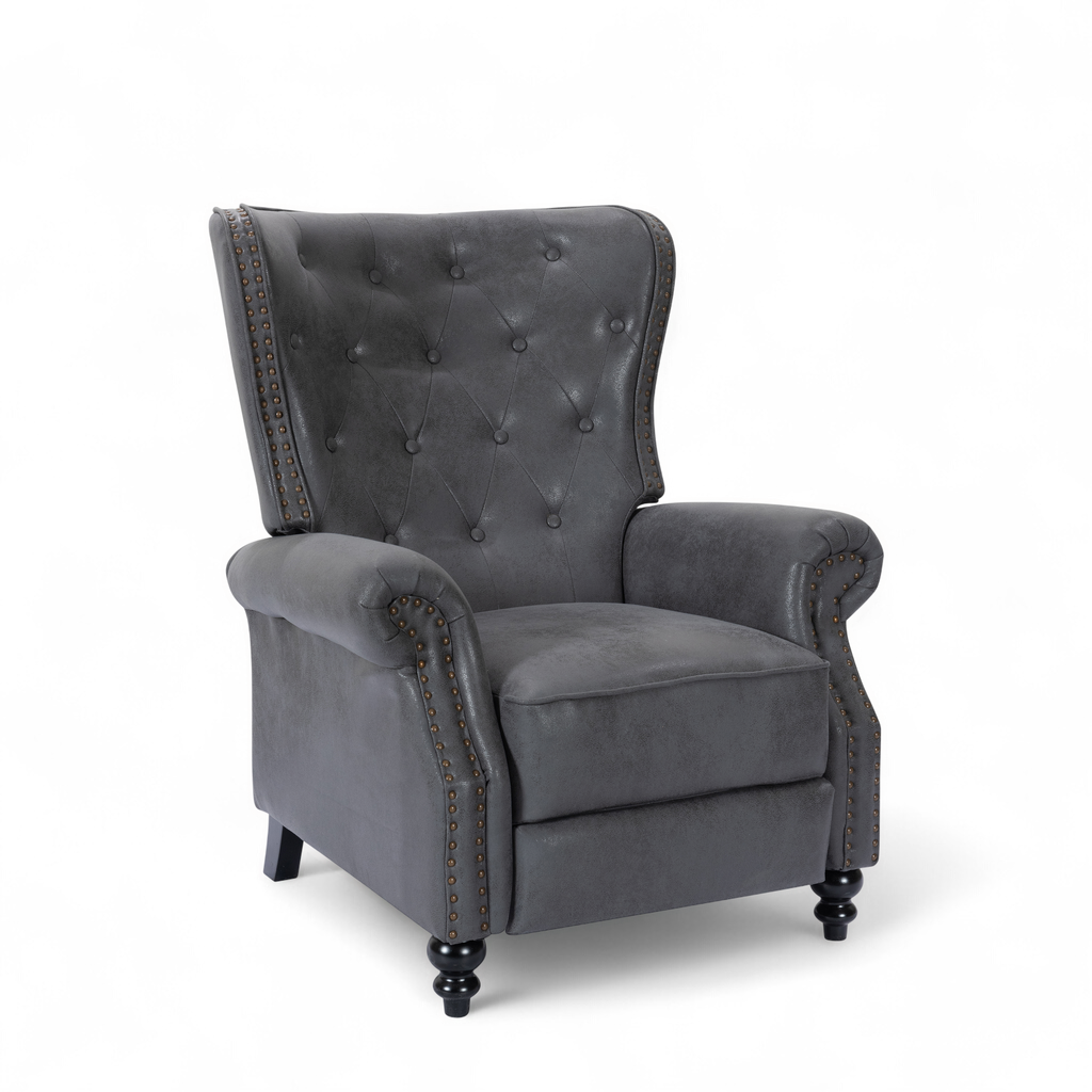 Faux Leather Suede Grey Buttoned Carmona Wingback Recliner Chair Front Angle
