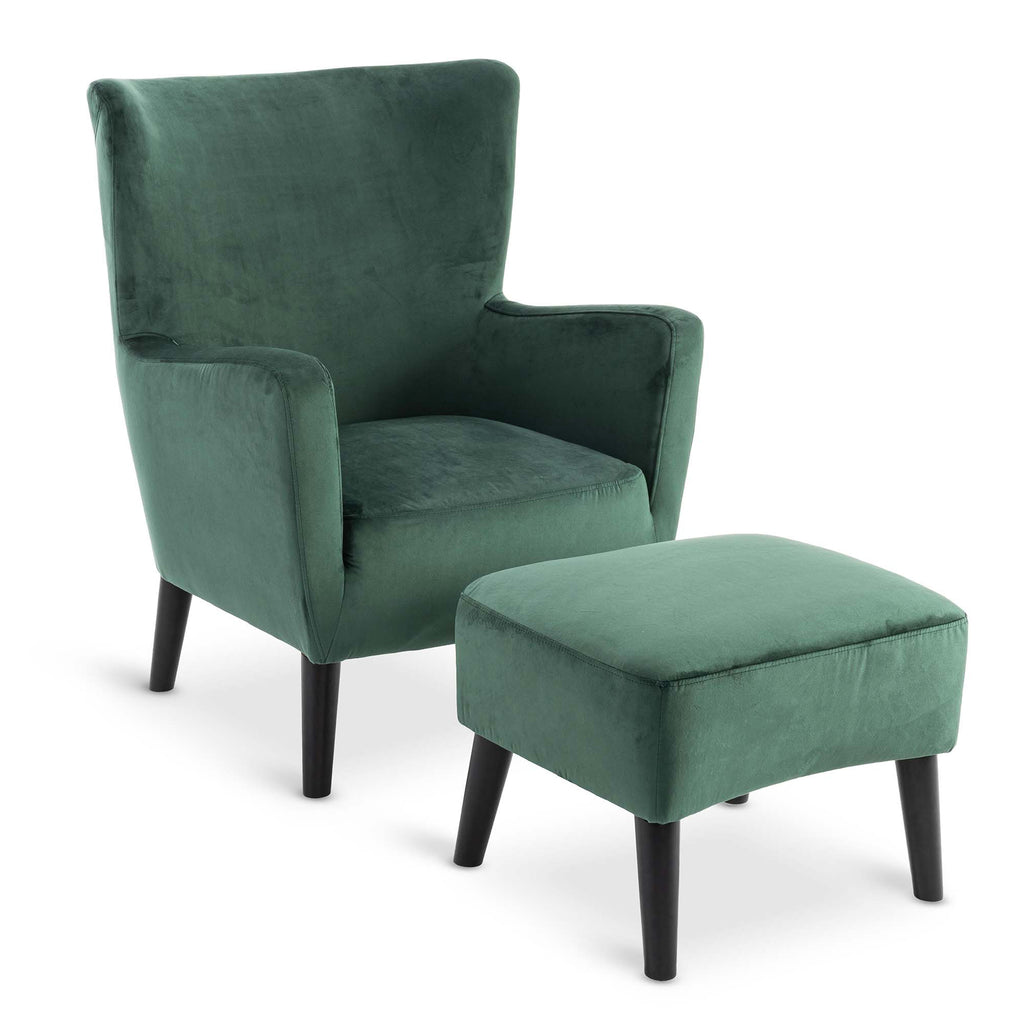 Velvet Bottle Green Ginerva Accent Wingback Chair with Footstool