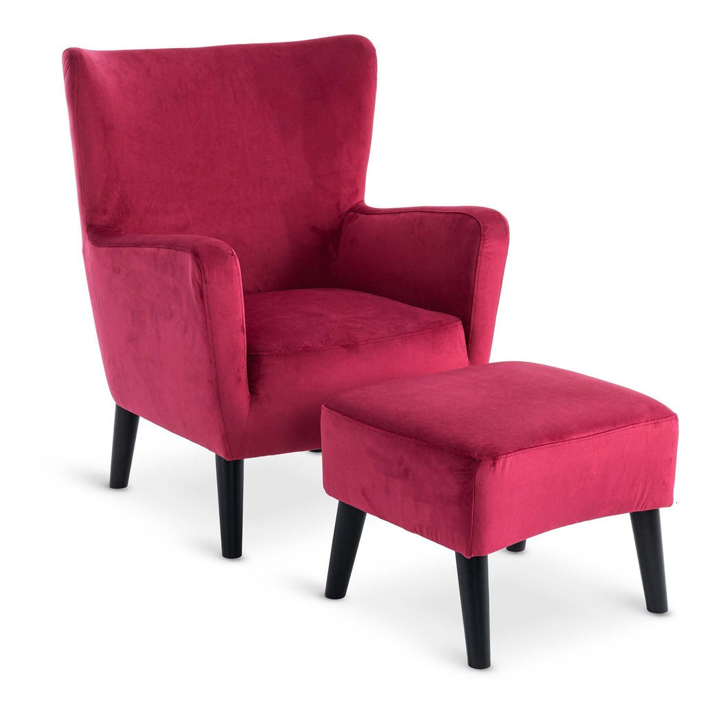 Velvet Scarlet Red Ginerva Accent Wingback Chair with Footstool