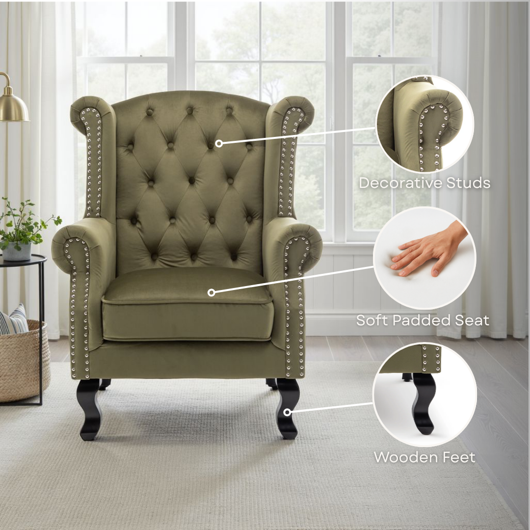 Velvet Sage Green Fireside Henley Wingback Armchair with Buttons