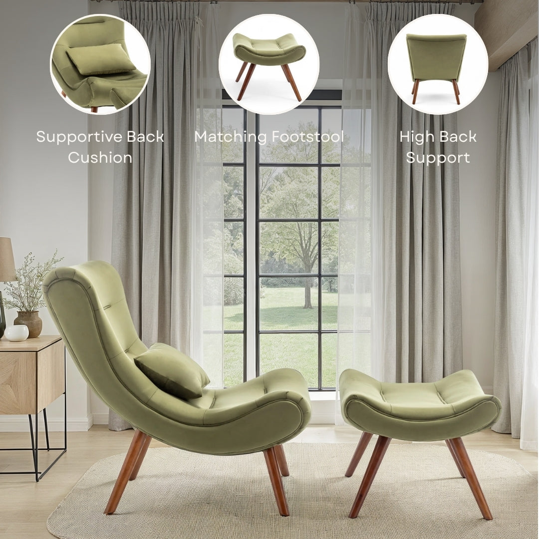 Velvet Emerald Green Katia Accent Chair with Footstool – Stunning