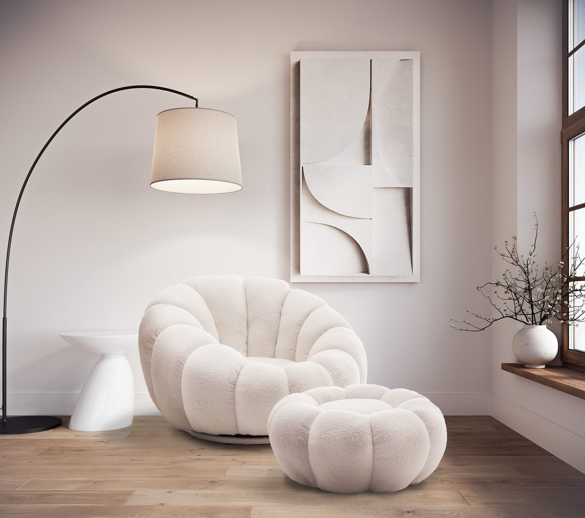Teddy Boucle Fabric White Mirielle Swivel Accent Chair with Footstool – Stunning Chairs