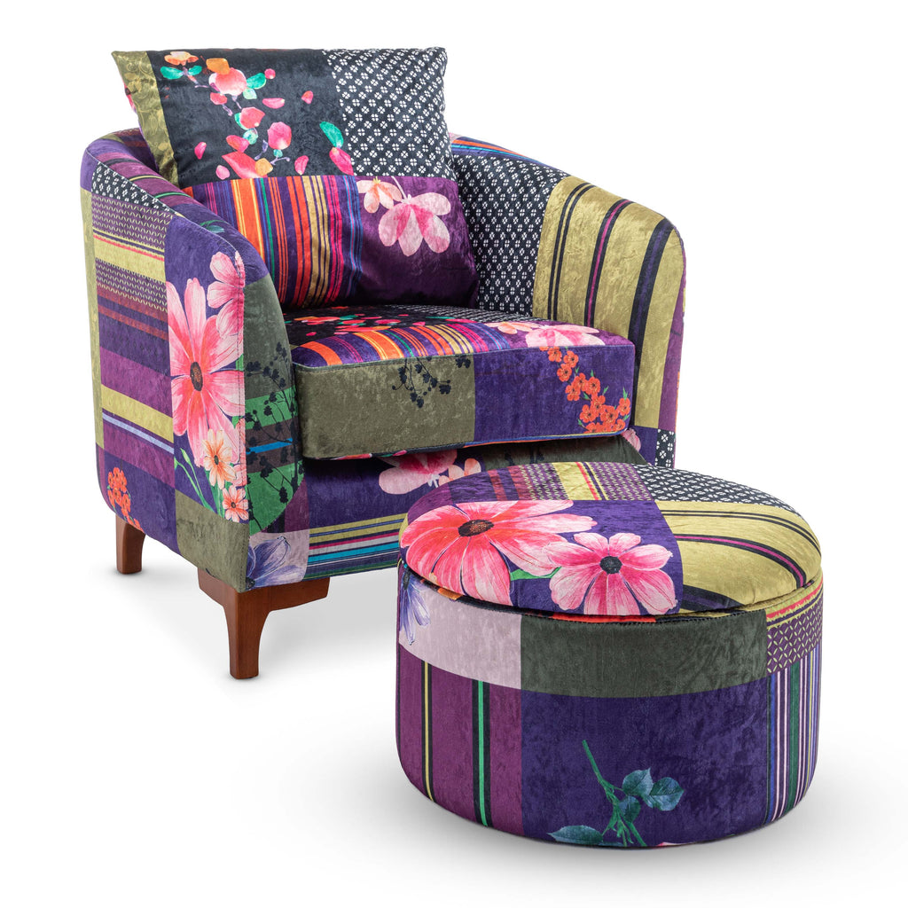 Multicoloured Fabric Patchwork Angela Accent Tub Chair with Ottoman