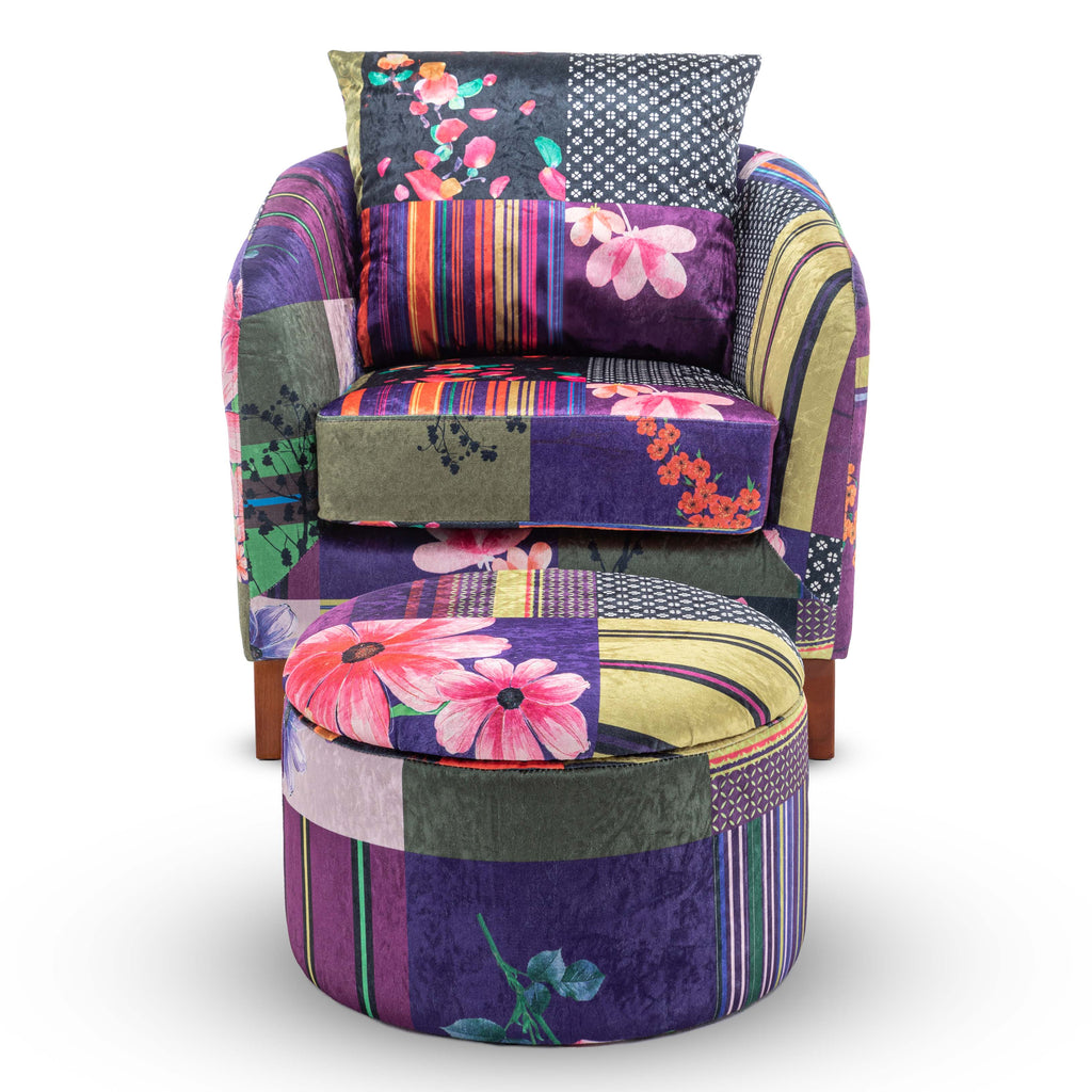 Multicoloured Fabric Patchwork Angela Accent Tub Chair with Ottoman