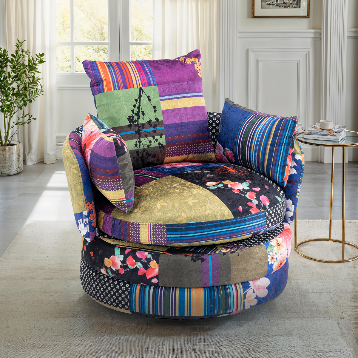Multicoloured Fabric Multicoloured Patchwork Teri Accent Swivel Chair – Stunning Chairs