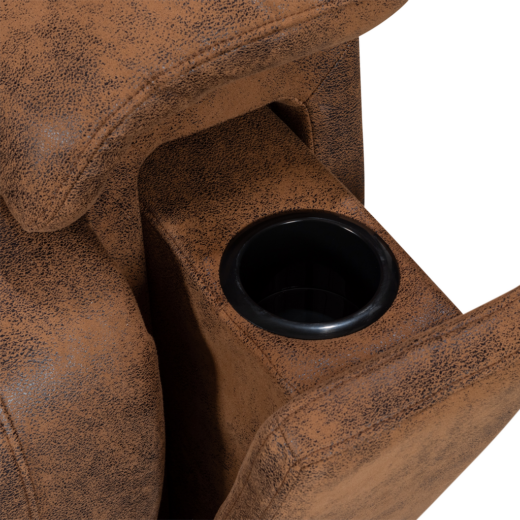 Faux Leather Suede Brown Murcia Manual Recliner Chair Closeup Cupholder