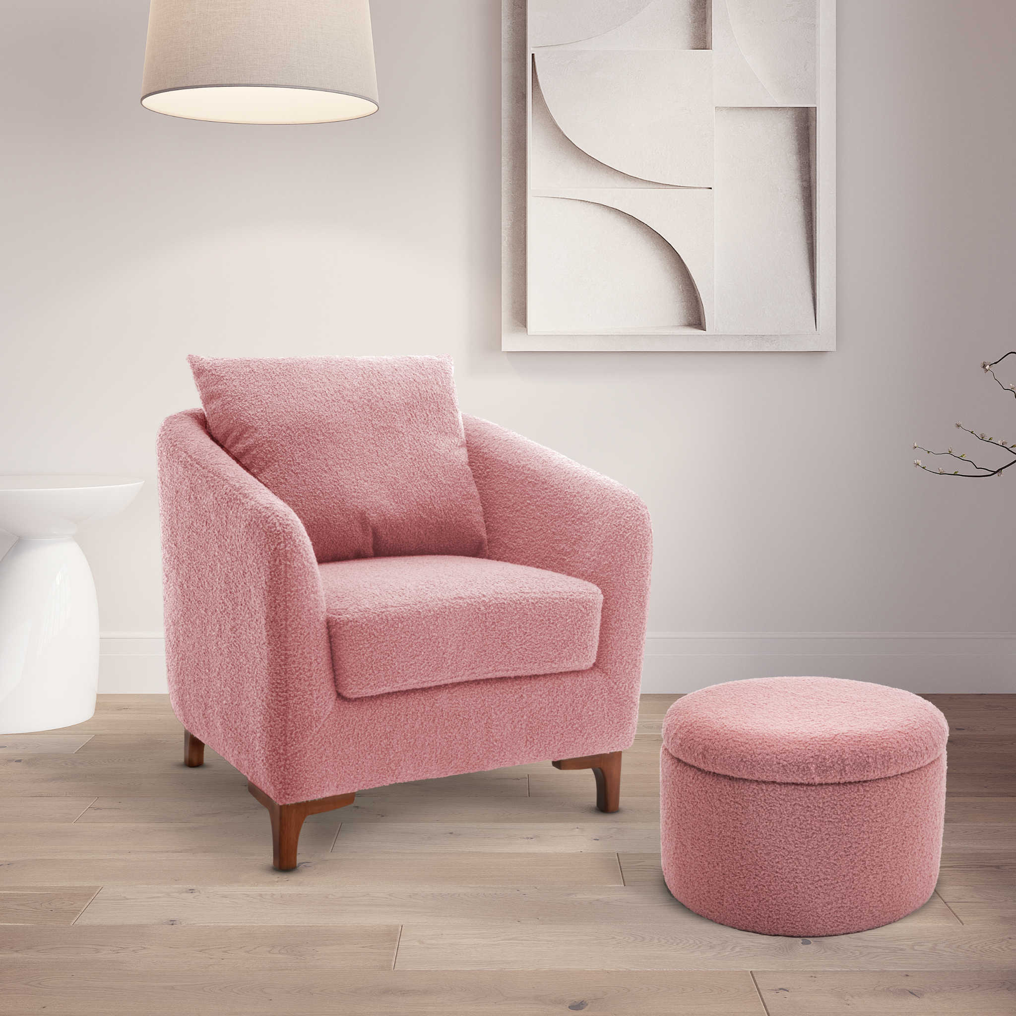 Teddy Boucle Fabric Pink Angela Accent Tub Chair with Ottoman Stunning Chairs