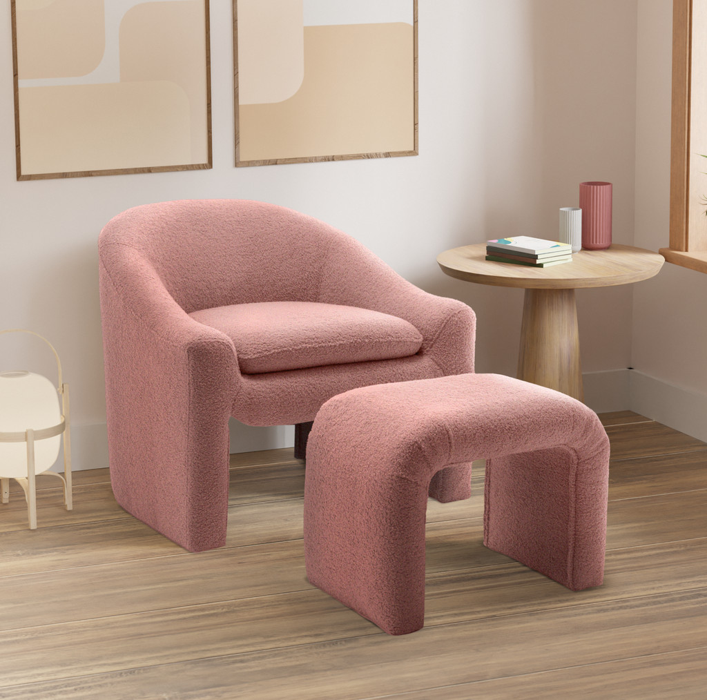 Teddy Boucle Fabric Pink Nicci Accent Chair with Footstool