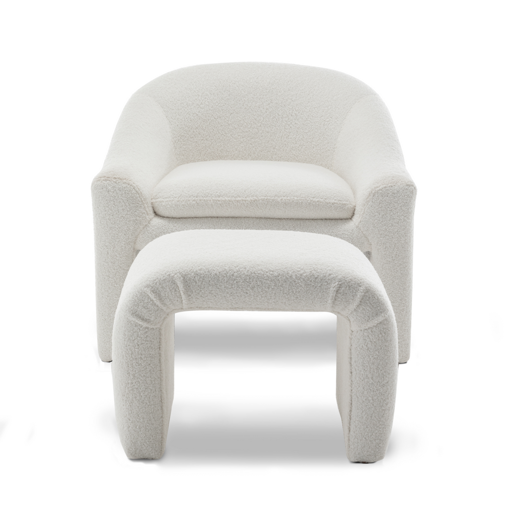 Teddy Boucle Fabric White Nicci Accent Chair with Footstool