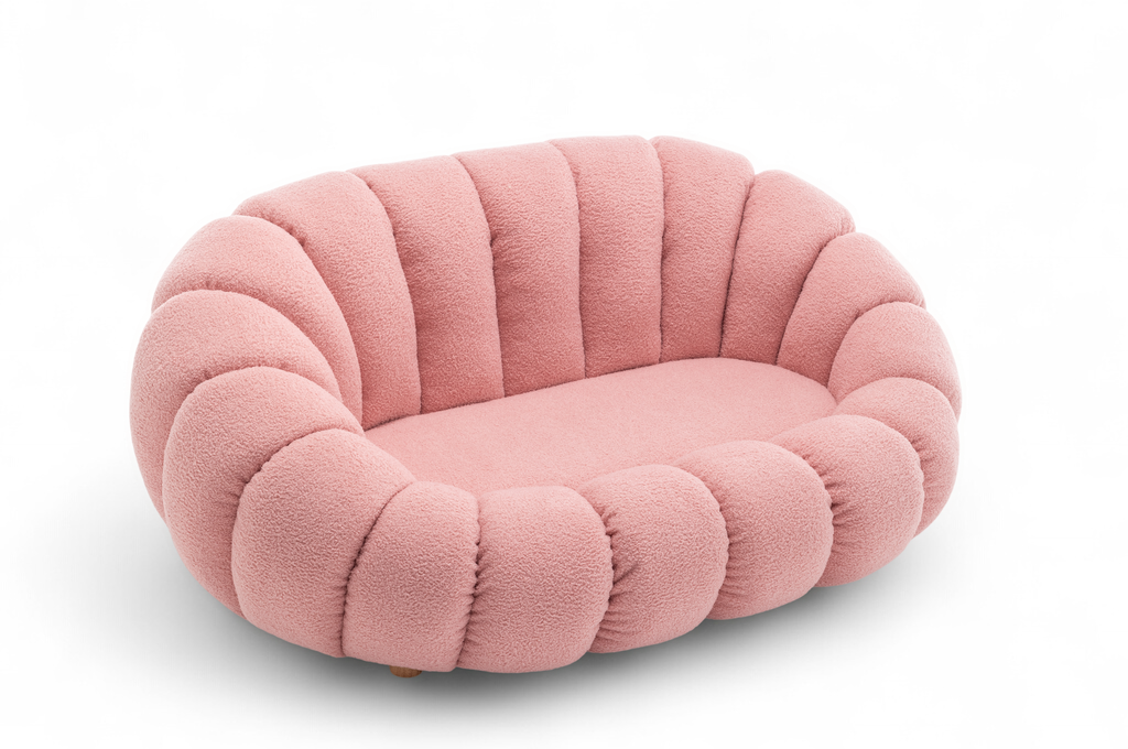 Teddy Boucle Fabric Pink Mirielle 2 Seat Accent Chair Front Upward Angle 