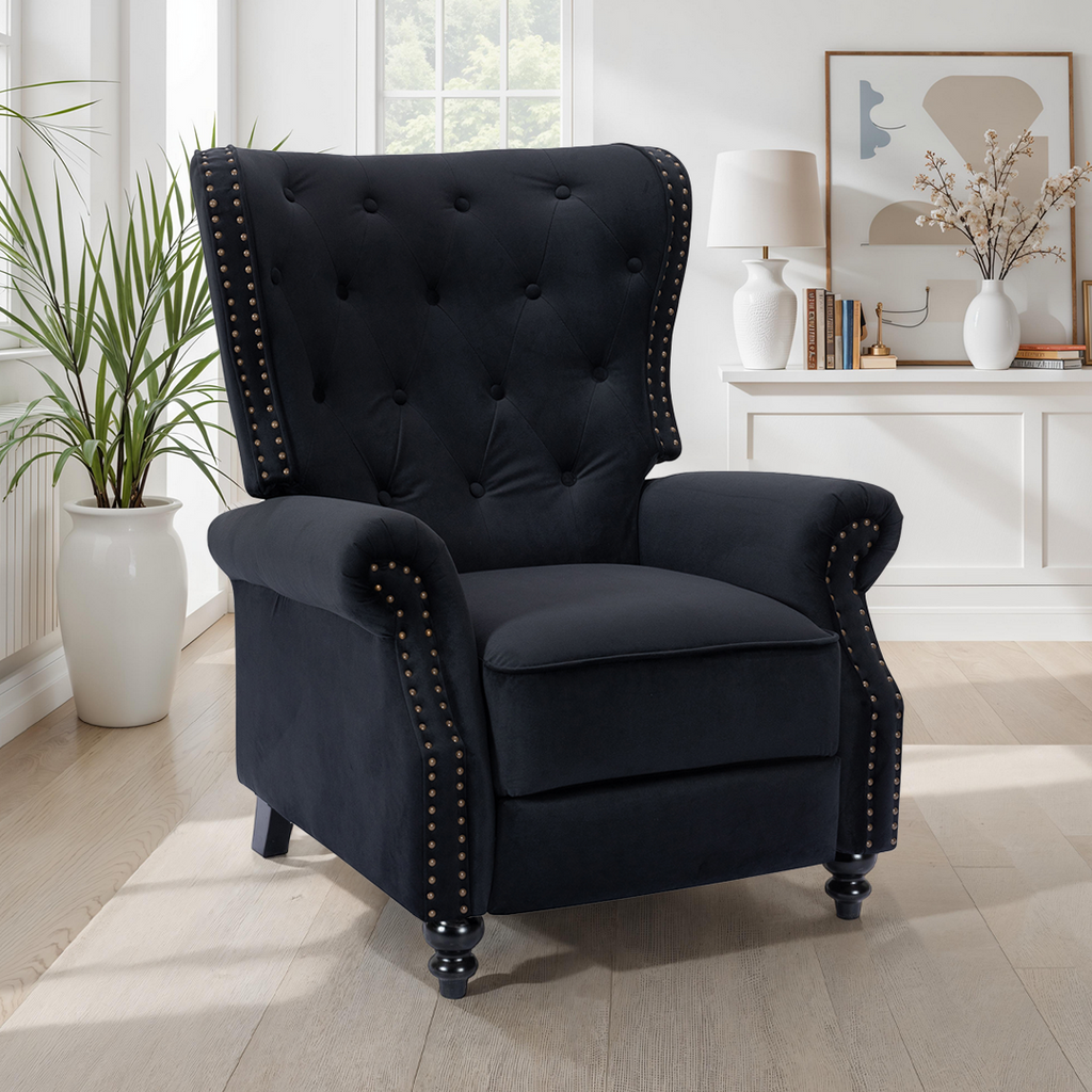 Velvet Black Buttoned Carmona Wingback Recliner Chair Background