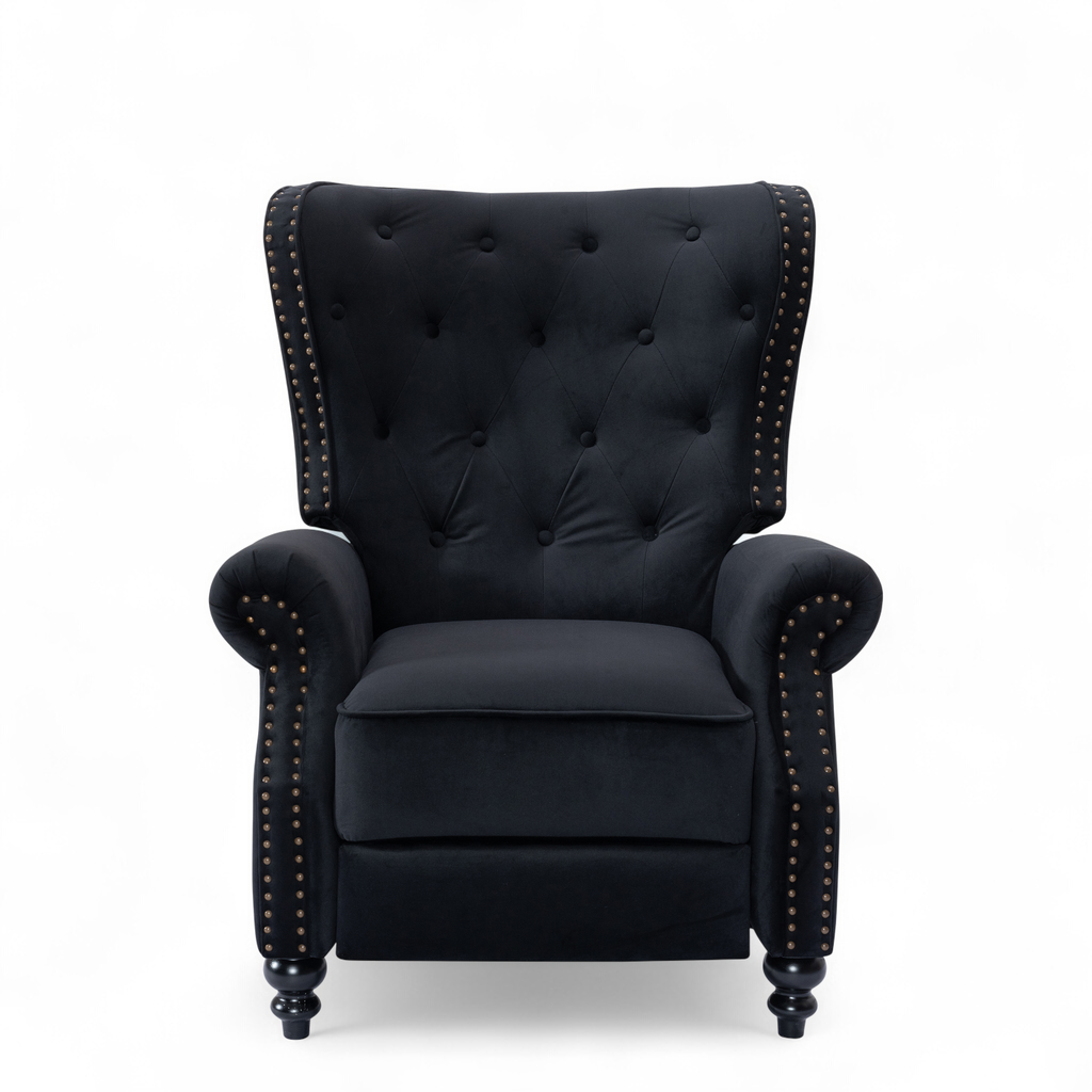 Velvet Black Buttoned Carmona Wingback Recliner Chair Front