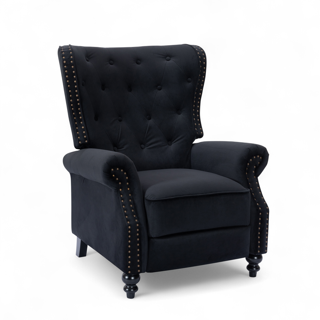 Velvet Black Buttoned Carmona Wingback Recliner Chair Front Angle