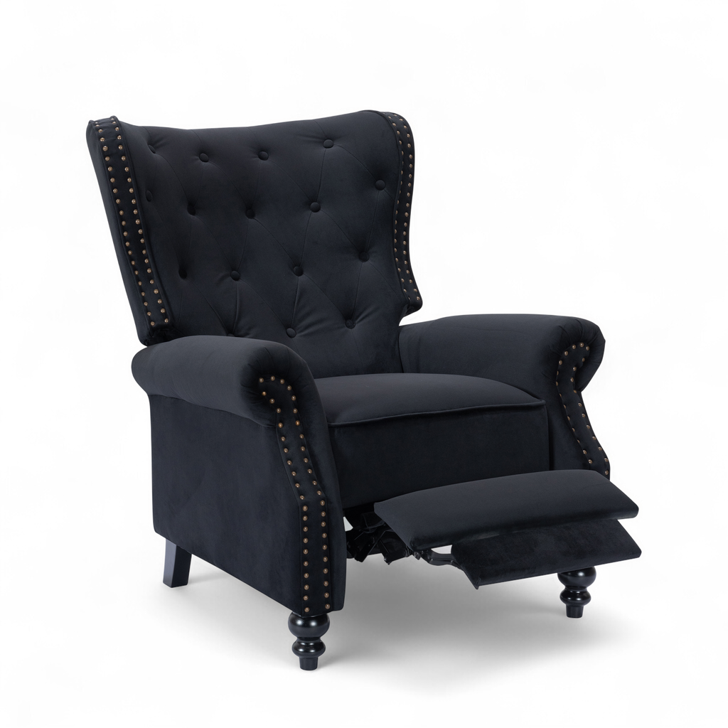 Velvet Black Buttoned Carmona Wingback Recliner Chair Reclined Front Angle