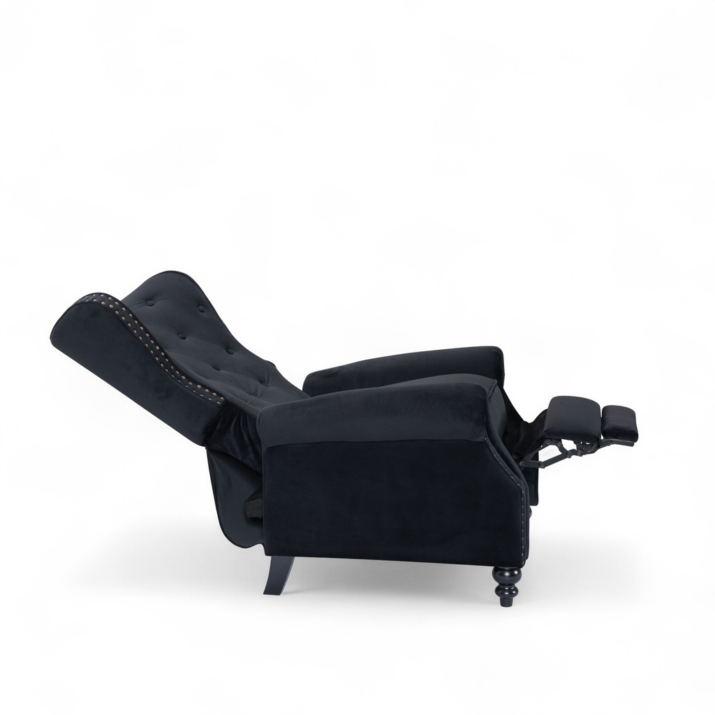 Velvet Black Buttoned Carmona Wingback Recliner Chair Fully Reclined Side