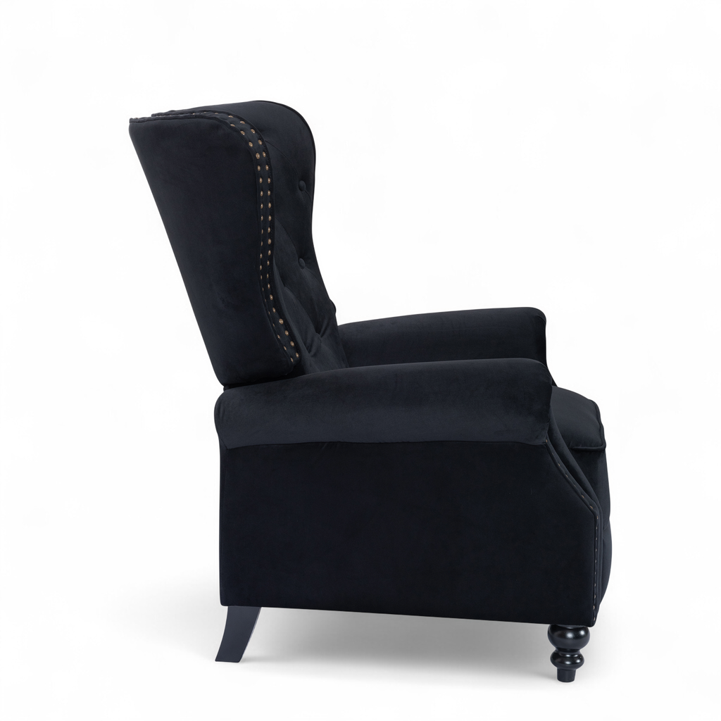 Velvet Black Buttoned Carmona Wingback Recliner Chair Side