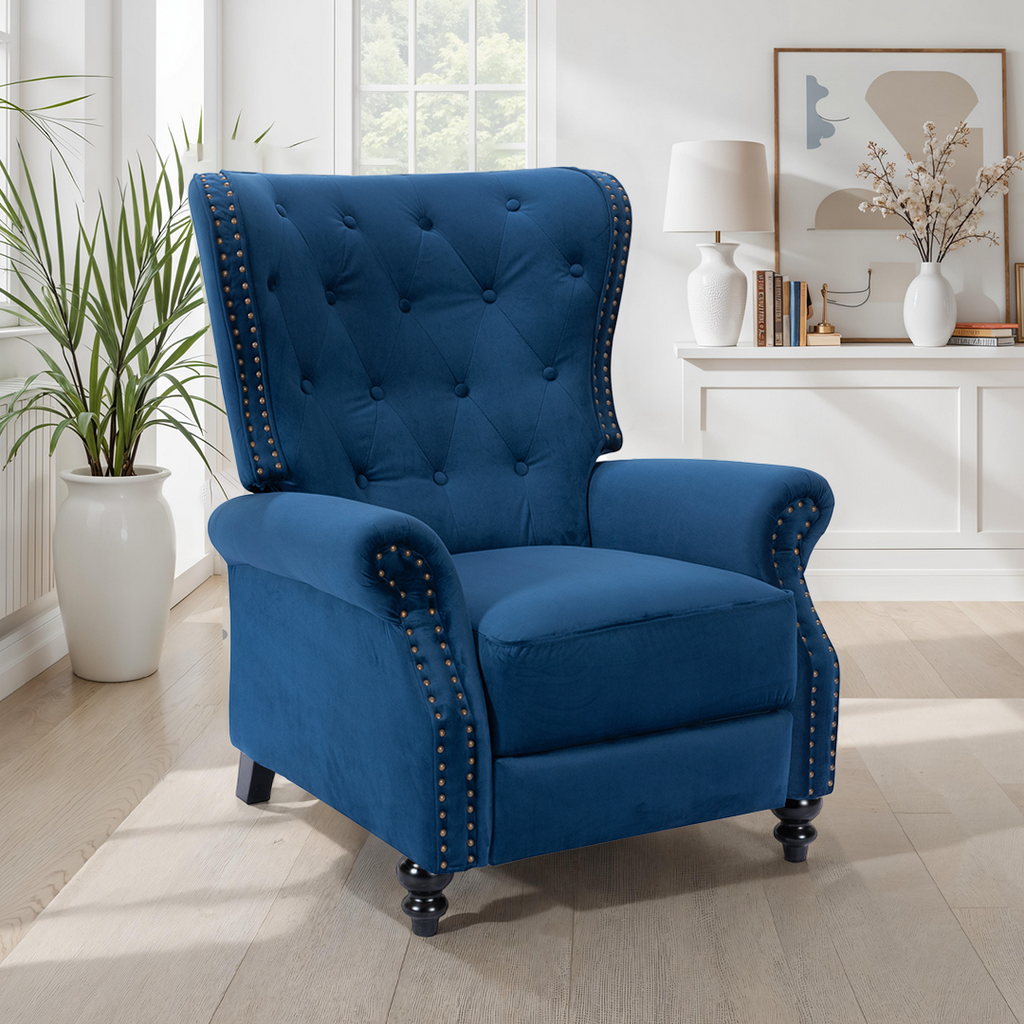 Velvet Blue Buttoned Carmona Wingback Recliner Chair Background