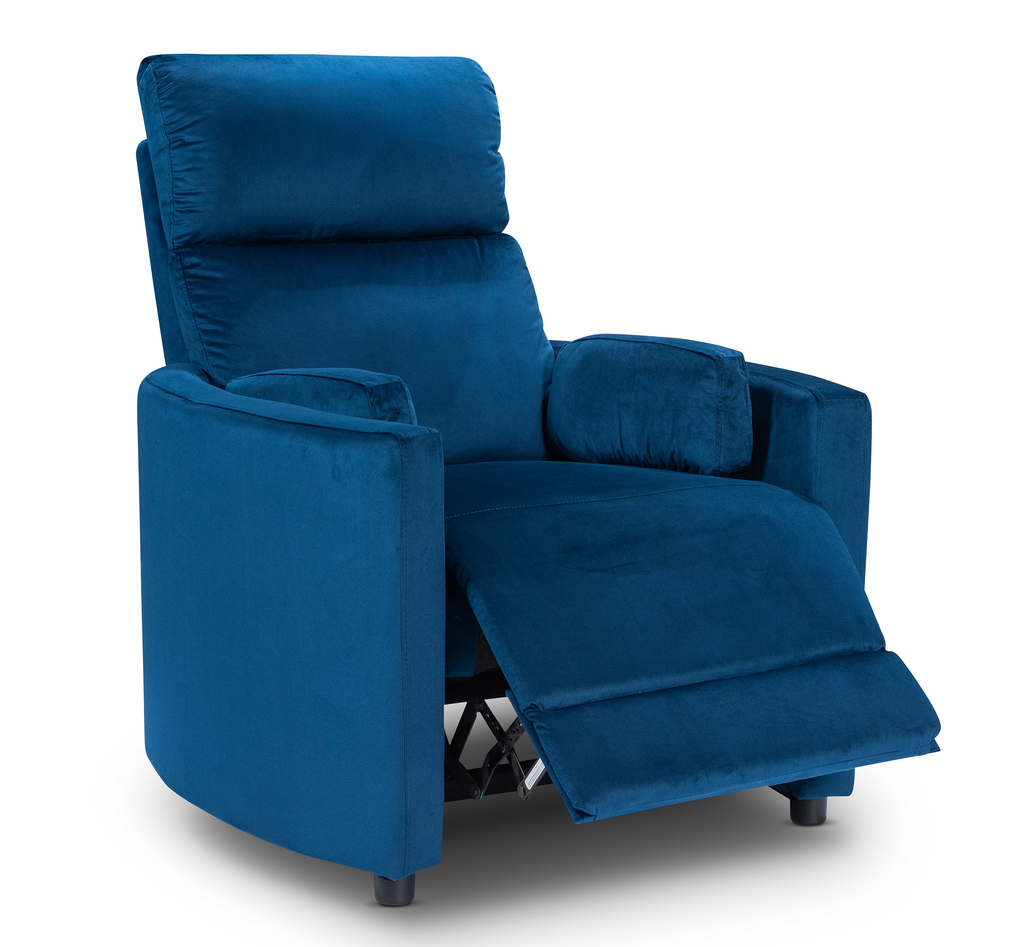 Velvet Blue Margot Manual Recliner Chair Front Side Reclined