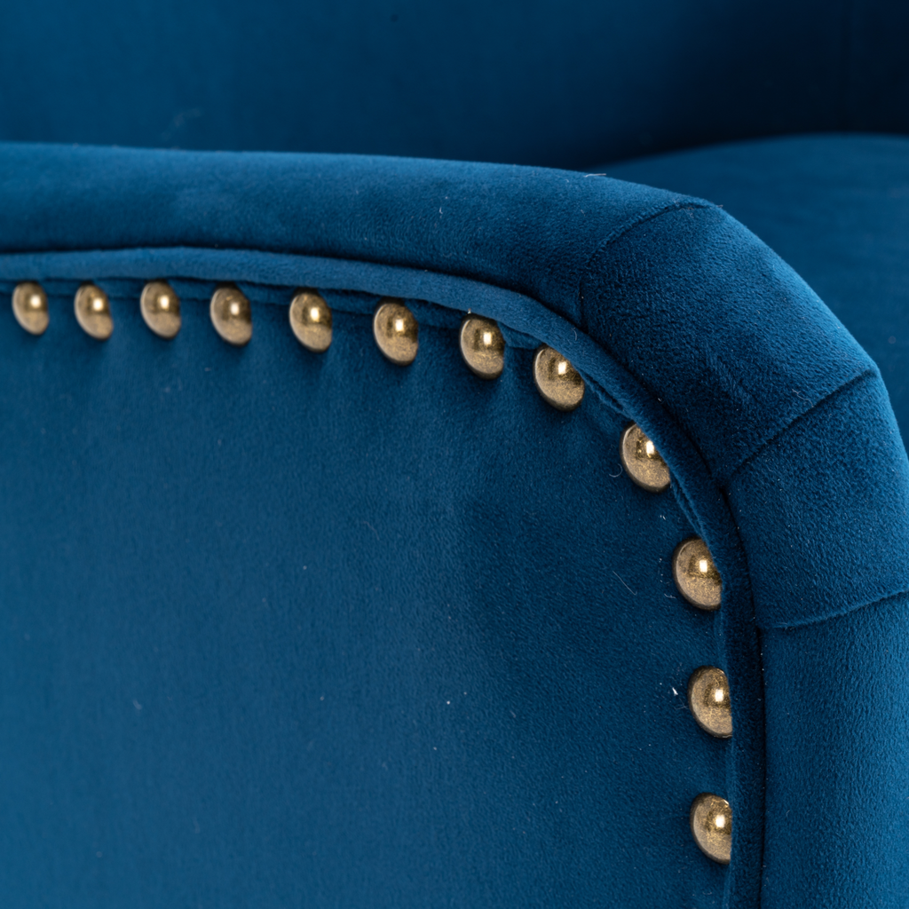 Velvet Blue Segovia Accent Chair armrest with decorative studs