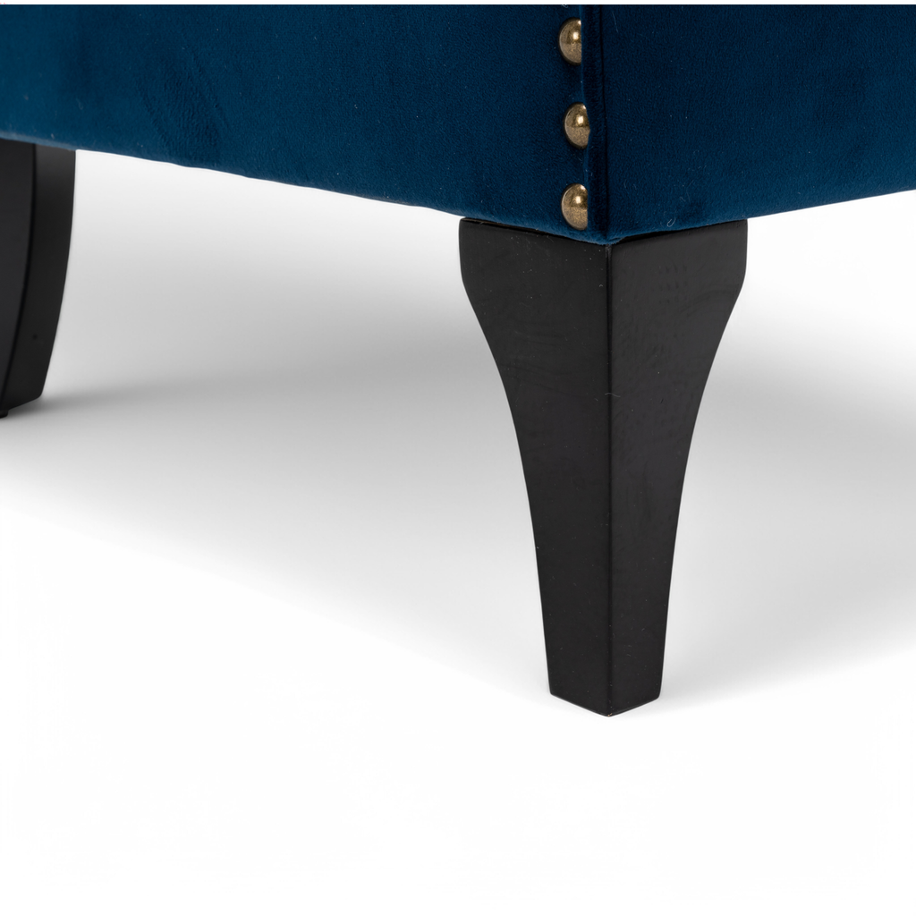 Velvet Blue Segovia Accent Chair Closeup Wooden Black Leg